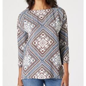 J.Jill Women’s M Diamond Print Blouse 3/4 Sleeve Button Back Lagenlook Top Flowy